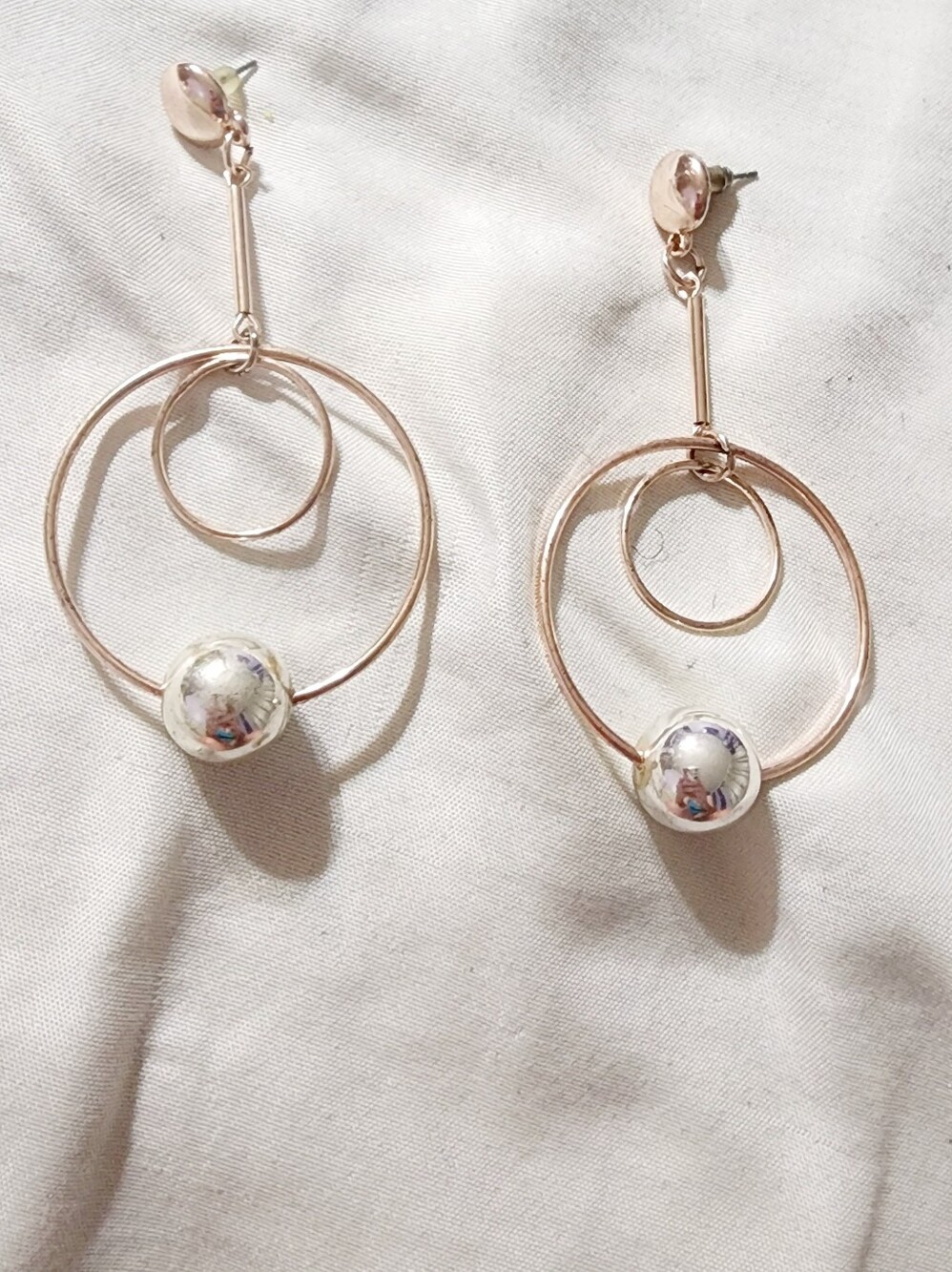 Rose Gold Double Hoop Drop Earrings with Silver Accent